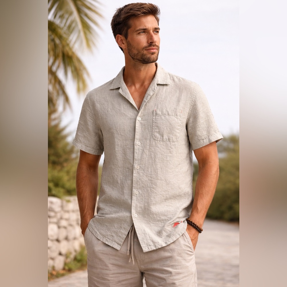 Tommy Bahama 100% Linen Shirt – Beige Short Sleeve Button Down Size M